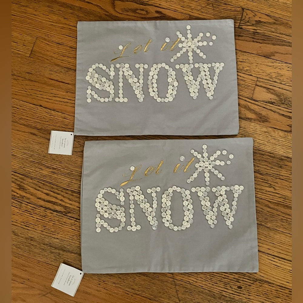 2 Pottery Barn NEW Let It Snow Pillow Covers Christmas Holiday Buttons